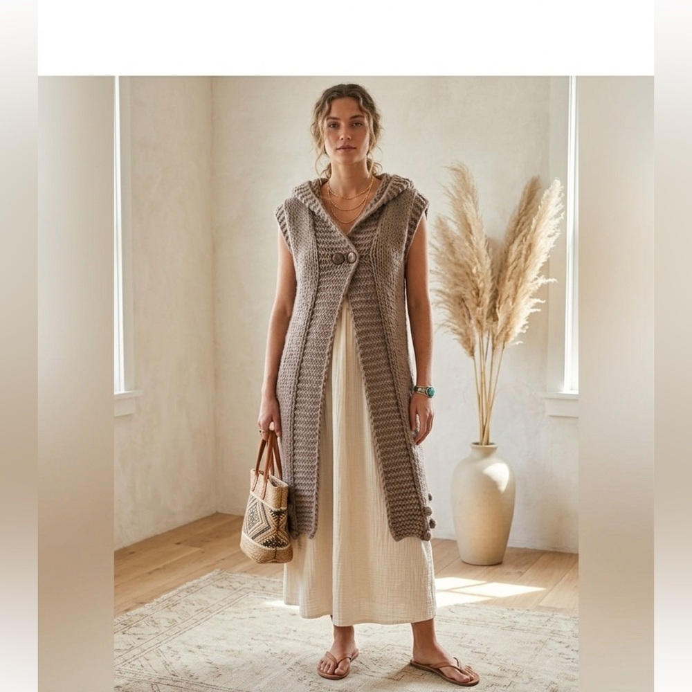 Beaubois Long Chunky Knit Hooded Cardigan Vest Large Boho Minimalist Neutral L